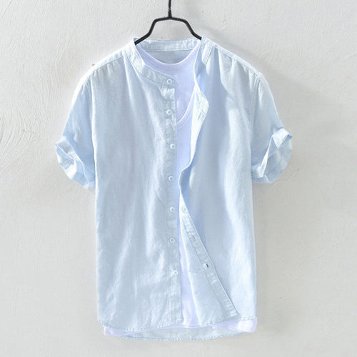 Camicia Costa da uomo in lino azzurro vista frontale