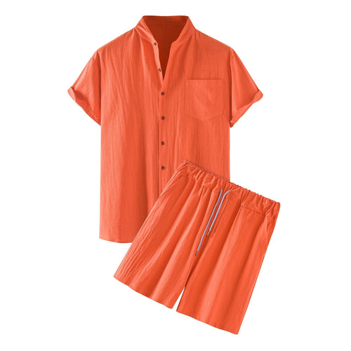 Completo Corallo da uomo in lino rosso corallo con camicia a manica corta e shorts