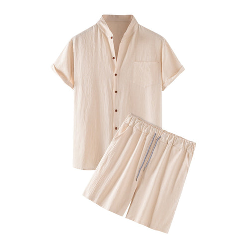 Completo Lido da uomo in lino beige con camicia a manica corta e shorts