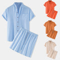 Completo Mare da uomo in lino azzurro con camicia a manica corta e shorts
