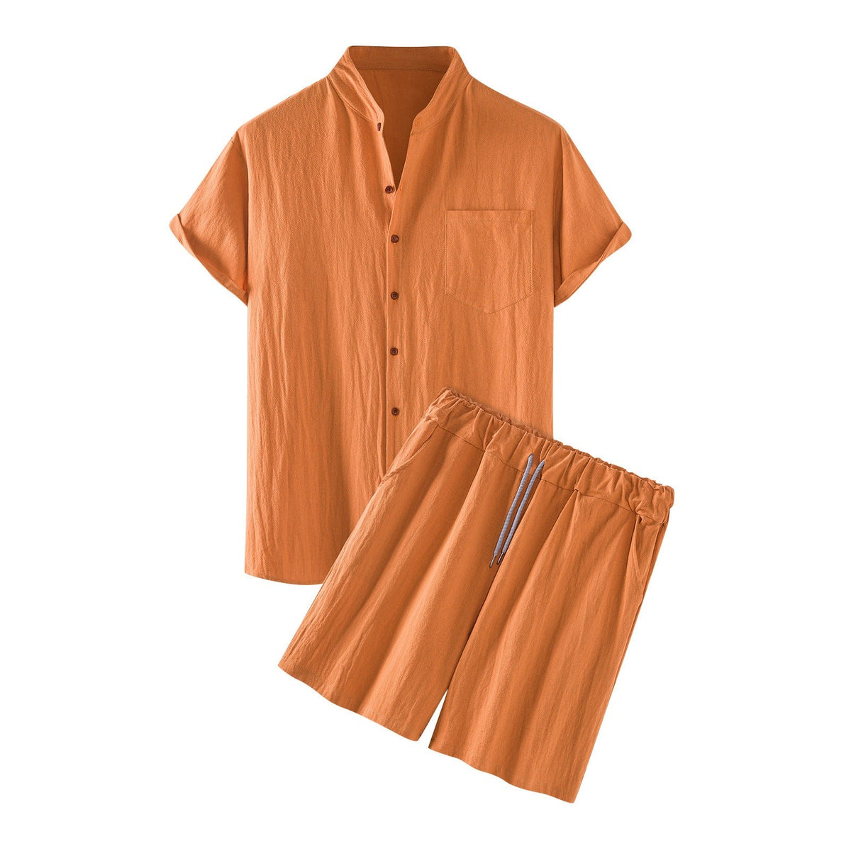 Completo Sole da uomo in lino arancione bruciato con camicia a manica corta e shorts